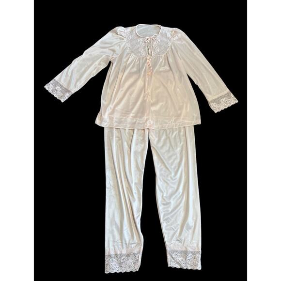 SEARS Women's M Vtg Pink Nylon Lace Pajamas Top & Pants Set Grandmacore NWT - Picture 1 of 7